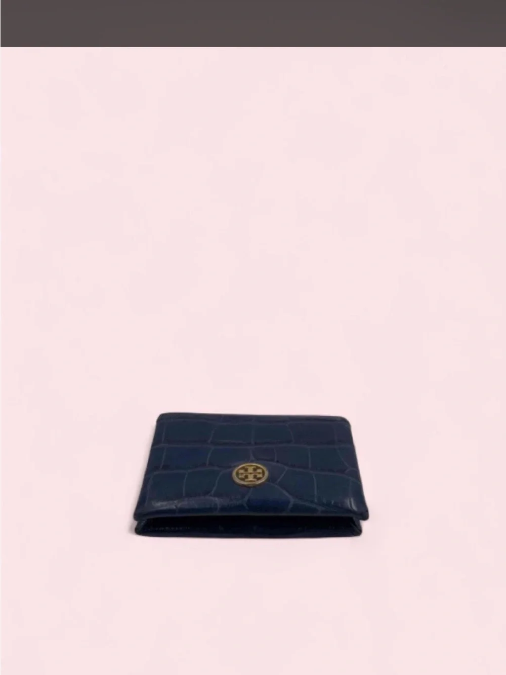 Tory Burch Navy Croc-Embossed Bifold card case holder with Gold Logo